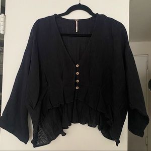 Free People Linen Cropped Button-Down Blouse (black/size S)